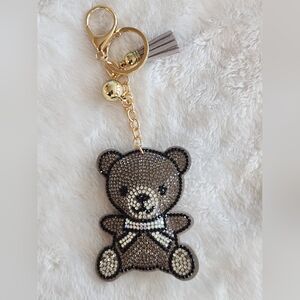 Teddy Bear Gray Rhinestone Keychain Bag Charm
